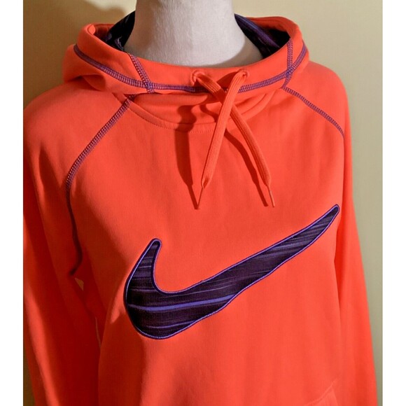 Nike Therma-Fit Womens Size M Neon Orange Swoosh Logo Hooded Pullover Sweatshirt - Picture 8 of 12